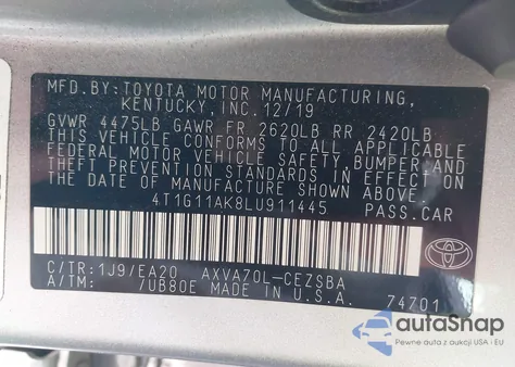 2020 Toyota Camry Se z USA, uszkodzony, nr VIN 4T1G11AK8LU911445